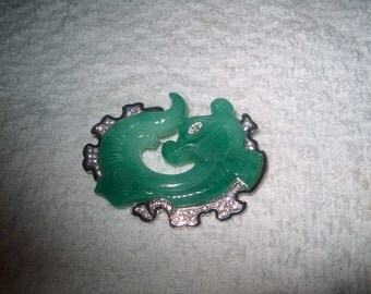 Vintage Kenneth J Lane, KJL, Dragon Brooch Pin, Jade Green Glass, Rhinestones, Signed, Costume Jewelry, WAS 100.00 - 50% = 50.00