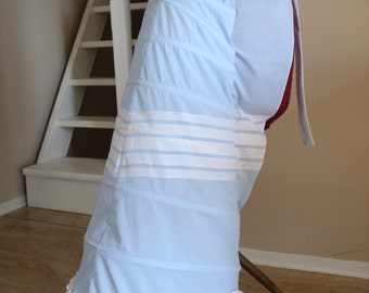 Victorian blue white striped cotton 1875 bustle with ruffle