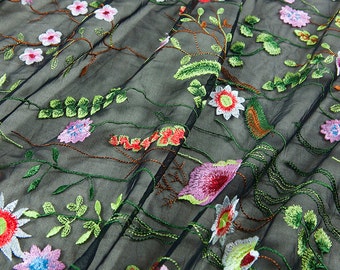 Heavy embroidery mesh fabric, black, gray, sheer, chic floral, butterfly pattern, sew for top, shirt, dress, skirt,sewing, craft by the yard