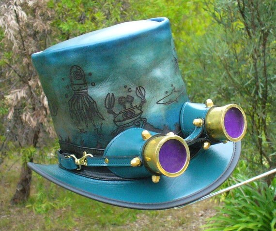 Blue hand etched leather Aqua themed unique Steampunk Top Hat with purple lense Aviator goggles by Cobbcoleather steampunk buy now online