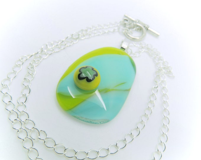 Blue green fused glass pebble necklace. Contemporary jewellery/jewelry. Modern colourful fashion accessories. Birthday anniversary gift