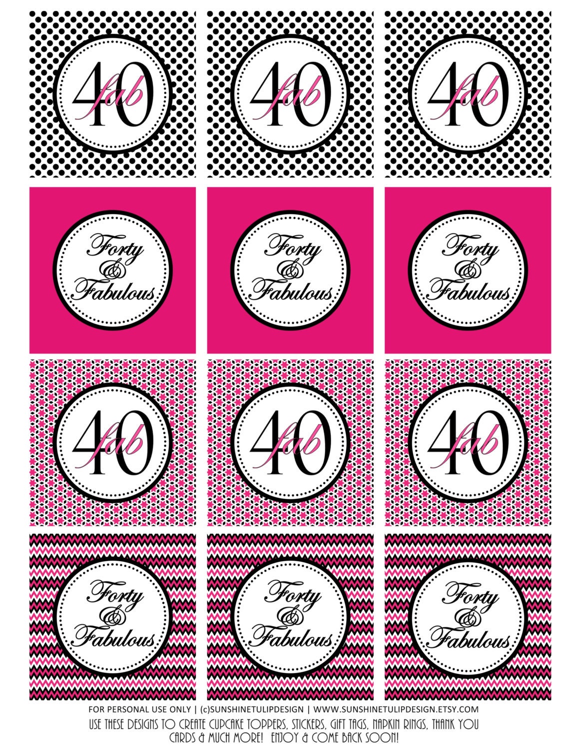 Printable 40th Birthday Cupcake Toppers Pink and Black Forty