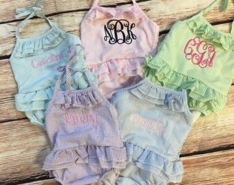 Monogrammed seersucker swimsuit - toddler monogrammed swimsuit - one piece monogrammed swimsuit