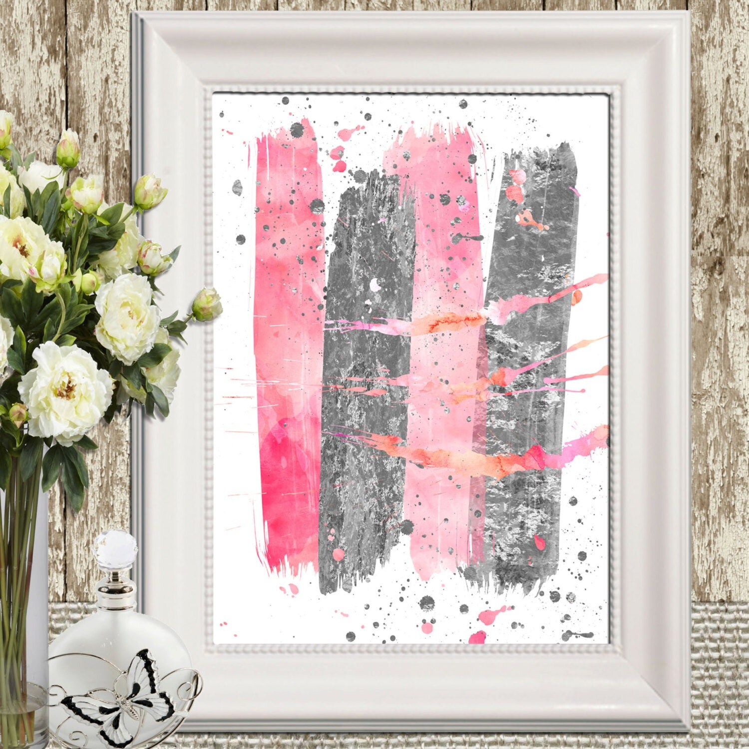 Pink and silver abstract print Pink and gray Abstract wall art