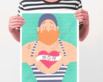 Digital Download, 11x14, Printable, Sailor Print, Sailor Art, Nautical Print, Beard Art, Hipster Art, Hipster Decor, Hipster Wall Art