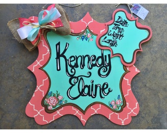 Custom order large floral quatrefoil birth announcement // hospital door hanger - ANY COLORS