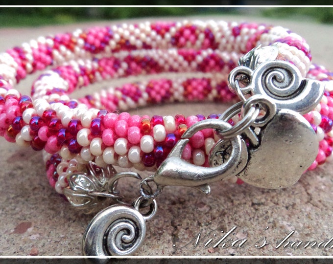 Women pink bright crochet beaded bracelet-lariat 55cm Jewelry gift Idea
