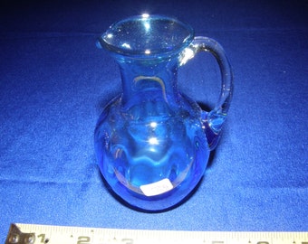 Handcrafted Hand Blown Glass Small Blue Pitcher w/ Clear Handle 4 3/4" Tall