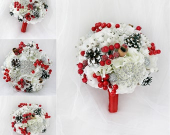 Bridal bouquet Winter brooch bouquet Pinecones Brooch bouquet Snowflake bouquet Red wedding bouquet Rustic Bouquet Christmas bouquet Silver