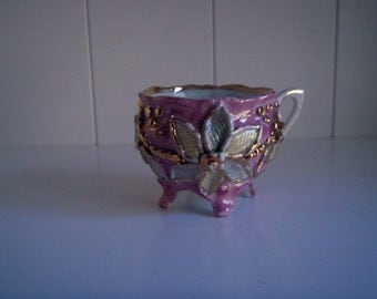 Hand painted Antique German Lusterware Molded Demitasse Footed Tea Cup, Pink, Mint, and Yellow Luster with Gold Detail
