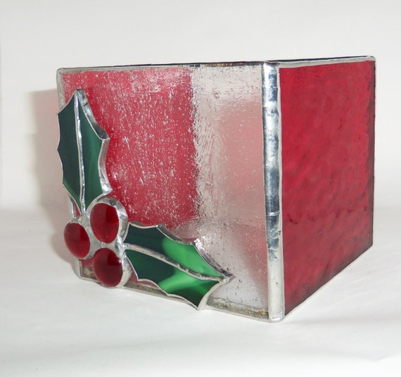 Holiday Candle HolderStained Glass Holly and Berries