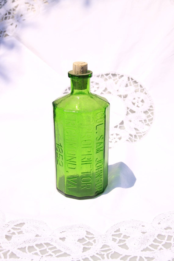 Vintage Green Glass Bottle with Cork A. Lancaster's Indian