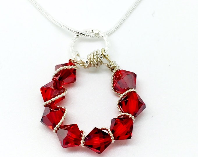 Red wire wrapping silver necklace, Red Swarovski wire wrapping, silver wire wrapping red Swarovski crystals