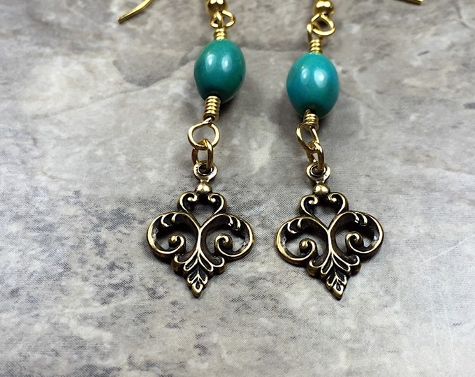 Turquoise gold plated earrings, dainty turquoise jewelry, turquoise jewellry, green turquoise drops, greenish blue earrings, turquoise drop