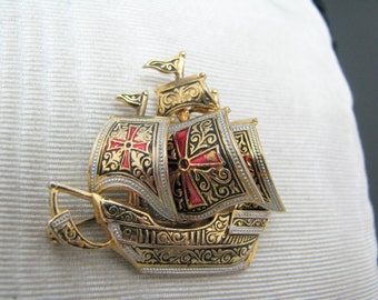 Vintage Gold Filled Viking ship Brooch with the Maltese Cross on each Sail