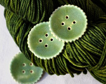 large round ceramic button for sewing or knitting project ~ handmade ceramic button for bag or scarf ~ 4-hole green ceramic button
