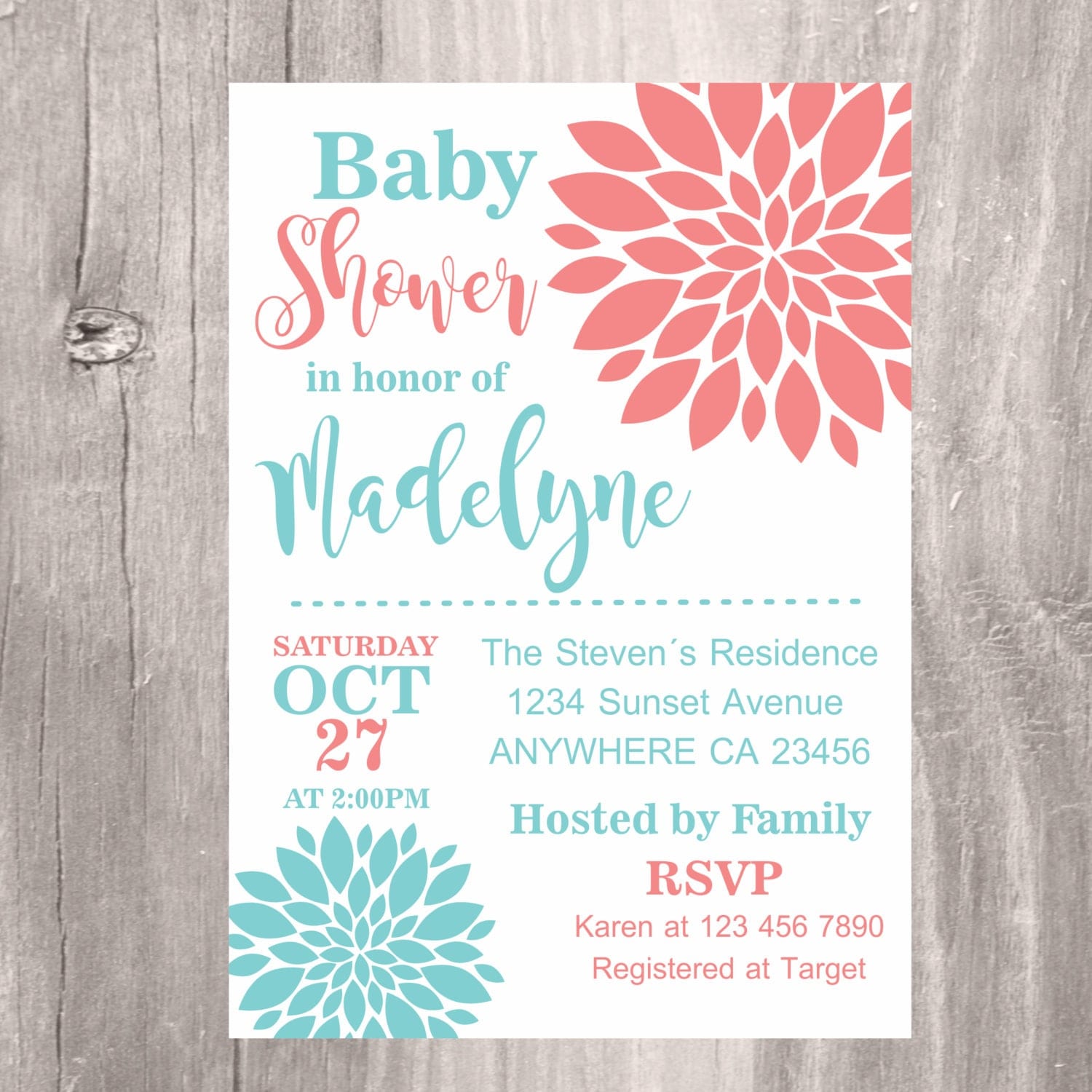 Coral And Teal Baby Shower Invitations 2