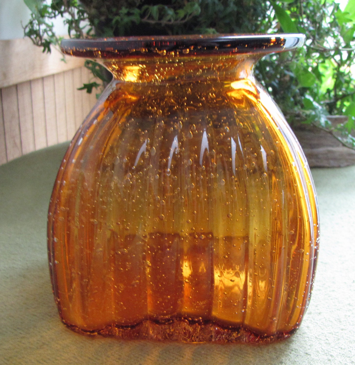 Orange Bubble Glass Vase Hand Blown Square Ribbed Vase Florist Ware