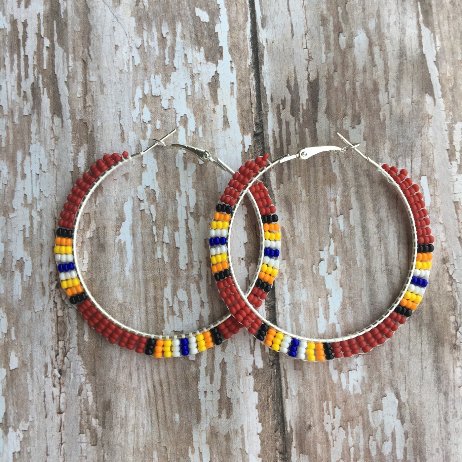 Red Sunburst Native American beaded hoops