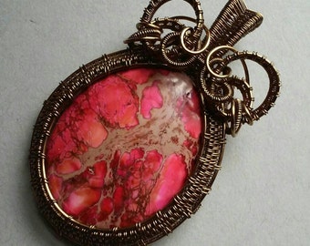Pink Jasper & Vintage Brass Pendant, Wire Wrapped Jewelry, Wire Wrapped Pendant, Jasper Pendant, Jasper Jewelry, Vintage Style, Gift for Her