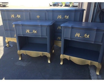 SAMPLE: Blue and Gold 9 drawer French Provincial Dresser, Nightstands, Changing Table, Buffet, Credenza, bedro