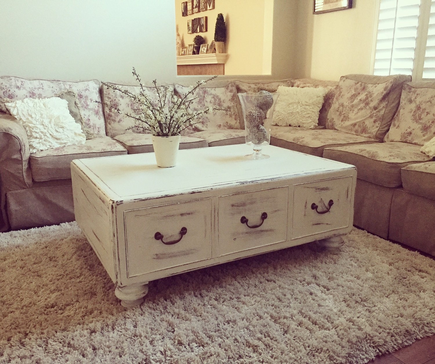 SAMPLE Shabby Chic White Distressed Large Solid Wood Coffee