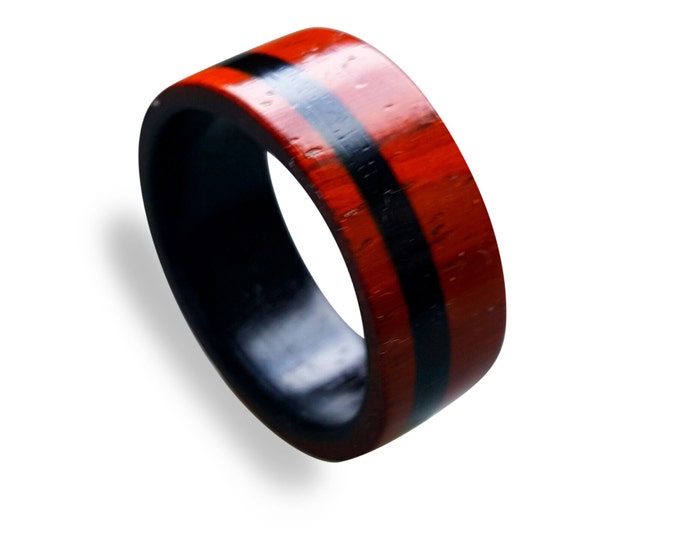 Wooden Ring for men made from Padouk, inlaid with Ebony wood