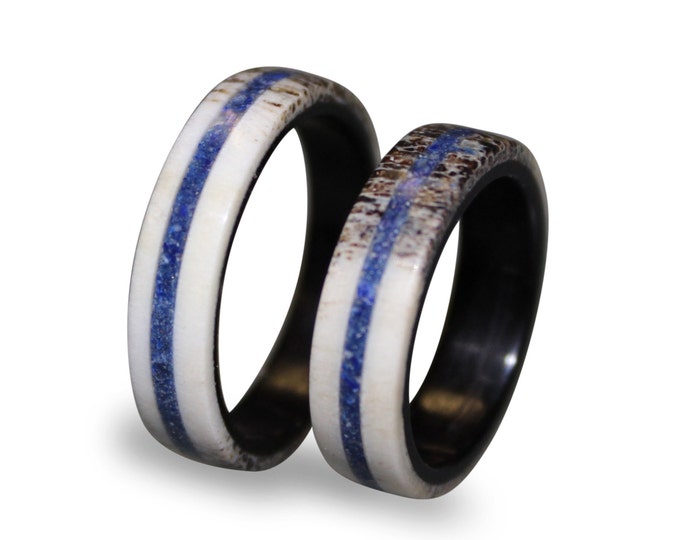 Deer Antler Fashion Ring, Antler Ring with Lapis Lazuli Inlay, Lapis Lazuli Ring, Ebony Wood Ring
