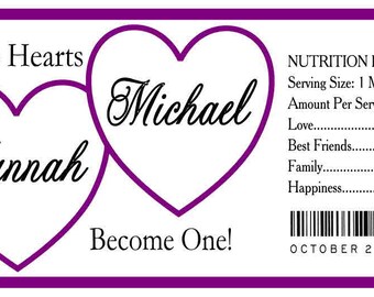 50 PURPLE HEARTS WEDDING water bottle labels half wrap design ~ glossy ~ waterproof ink