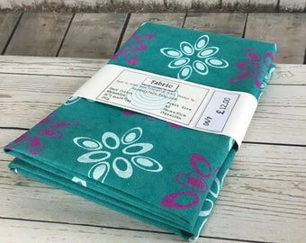 Cotton Fabric, aqua green, Jade green, Teal, duck cotton fabric, hand dyed, hand printed with white & magenta retro pattern, fabric panels