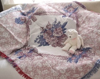 Luxury American double woven Jacquard throw Rose Bouquet 100% cotton Unused vintage Pink roses cotton blanket Roses picnic blanket throw