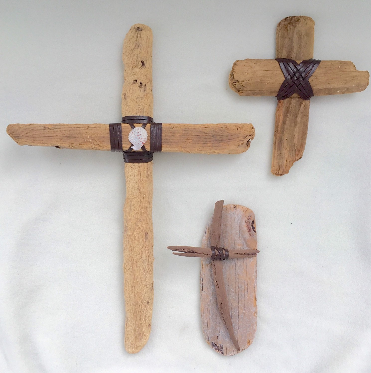Three wooden crosses driftwood crosses leather by ShellsforSharks