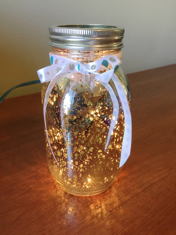 Silver Mercery Glass quart Mason Jar with ribbon with Twinkle