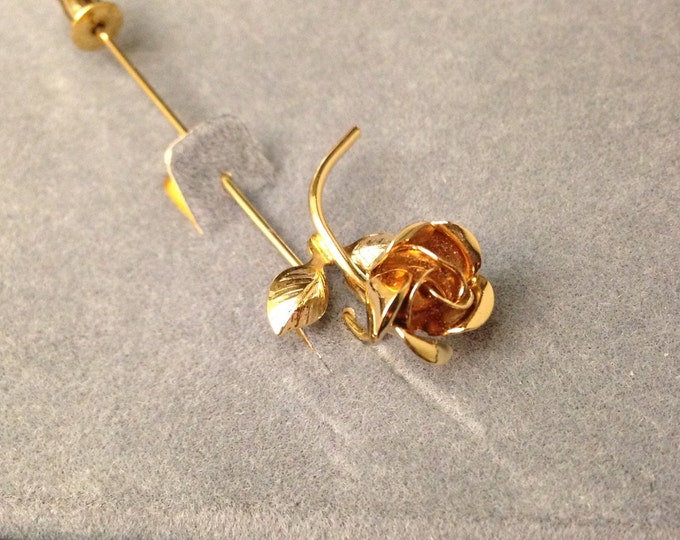 Storewide 25% Off SALE Vintage Gold Tone Monet Designer Signed Long Stem Rose Brooch Pin Featuring Beautiful Multi Dimensional Design
