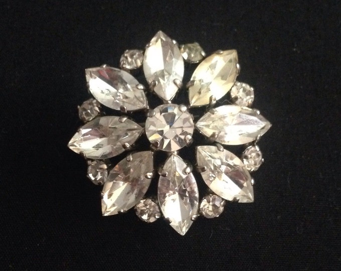 Storewide 25% Off SALE Vintage Floral Rhinestone Rosette Designer Brooch Pin Featuring Faceted Cut Design