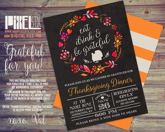 Eat Drink and Be Grateful, Rustic Thanksgiving Invitation