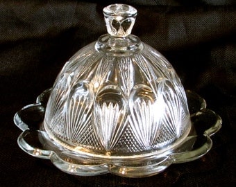 Art Deco Heavy Glass Covered Butter Dish Clear Pressed Glass Lidded Butter Keeper