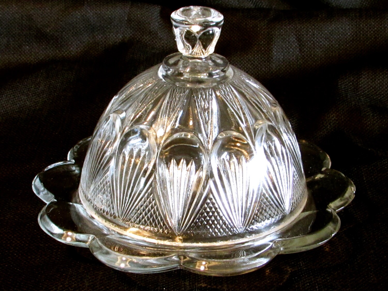 Art Deco Heavy Glass Covered Butter Dish Clear Pressed Glass
