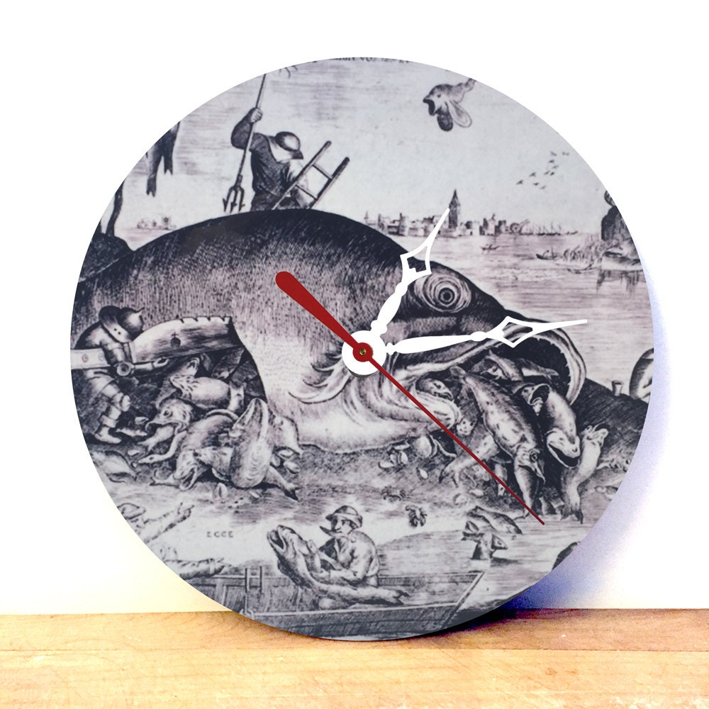 Wood Wall Clock Fish Art Wall Clock Medieval Art Analog