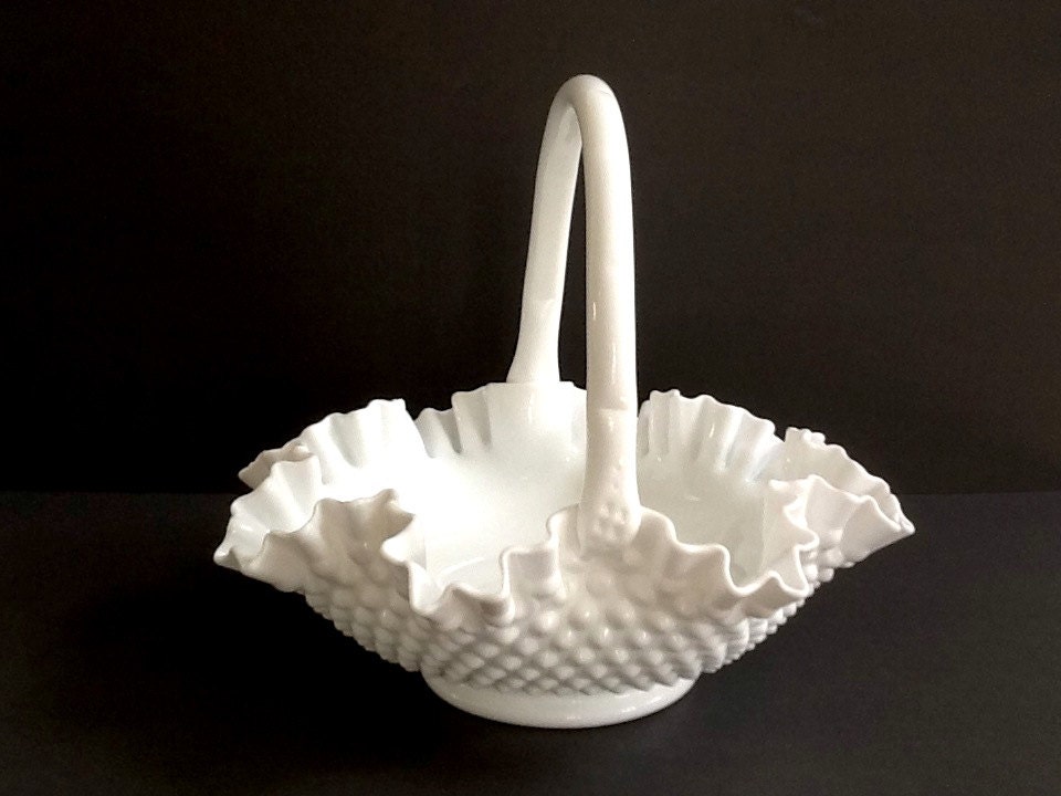 Fenton Hobnail Milk Glass Basket Ruffled Rim 10 Basket