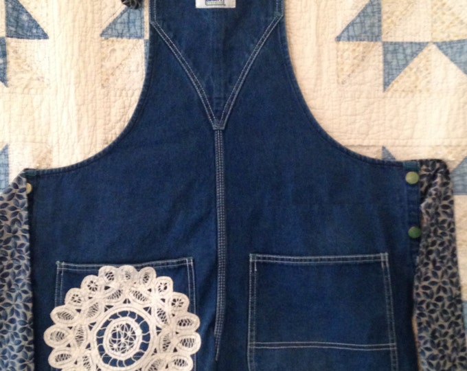 HALF PRICE ** Adult Upcycled Denim Overall Apron. Denim and Lace for the Chef! Recycle Overall Apron. Great Valentine's Gift