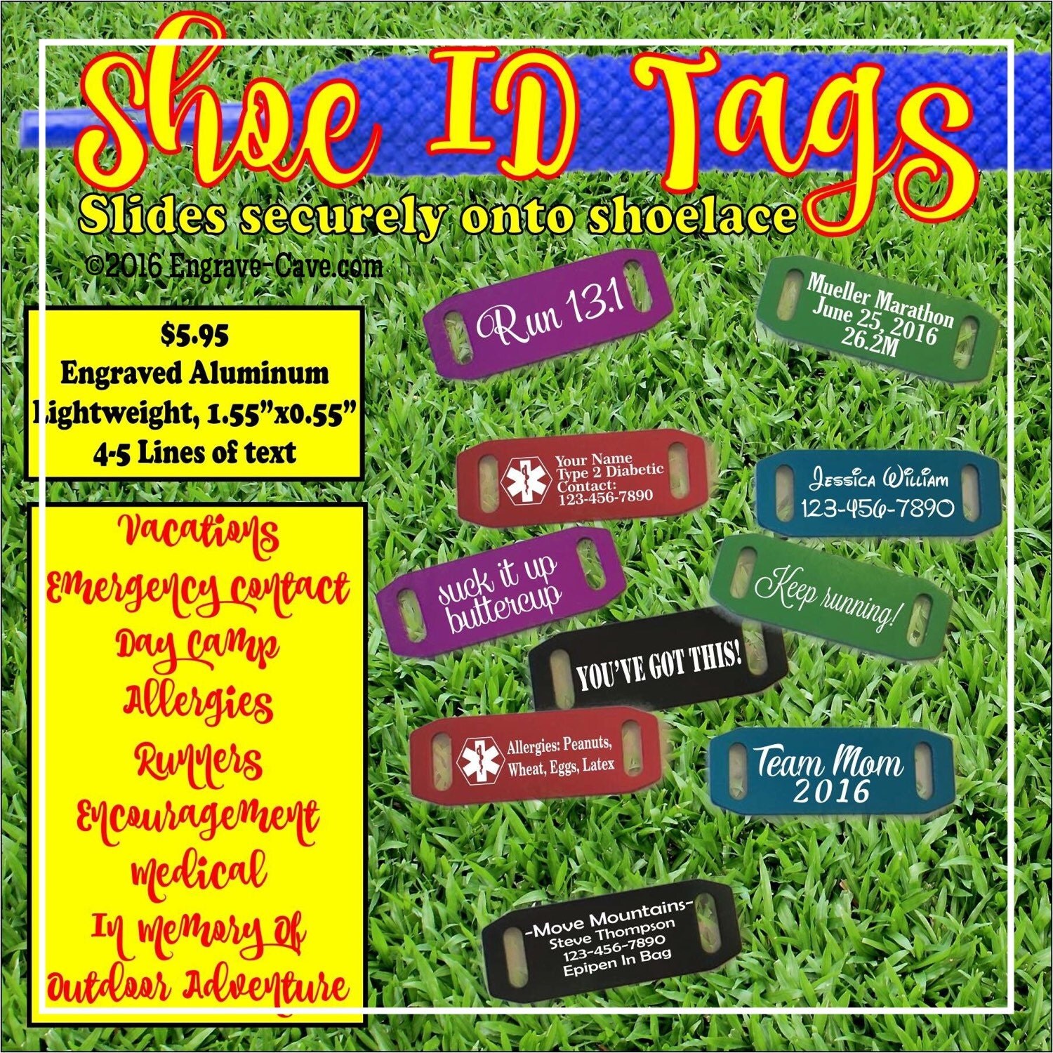 Medical Alert Emergency ID Shoe Tag Shoe lace ID by EngravingCave