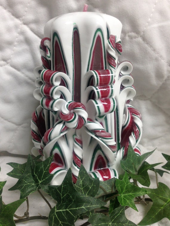 Hand Carved Ribbon Candle Refillable Red Green and White