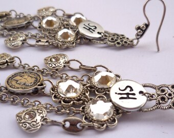 ITALY BIG CHANDELIER earring silver silvered long big swarovski strass flowers heart coins filigree angel sound unique bijoux fantaisie