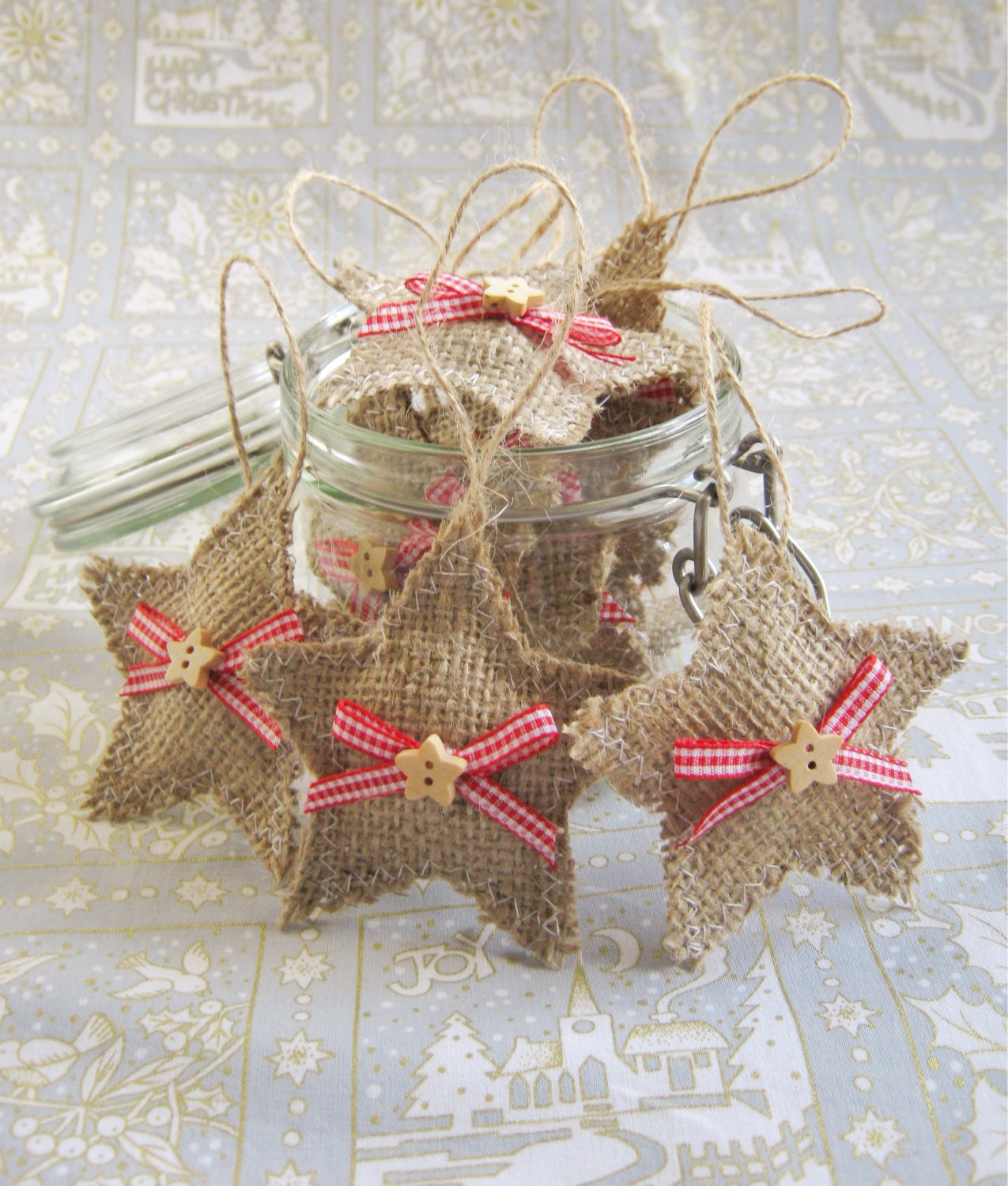 10 X star hessian Christmas tree decorations Handmade Shabby Chic Rustic