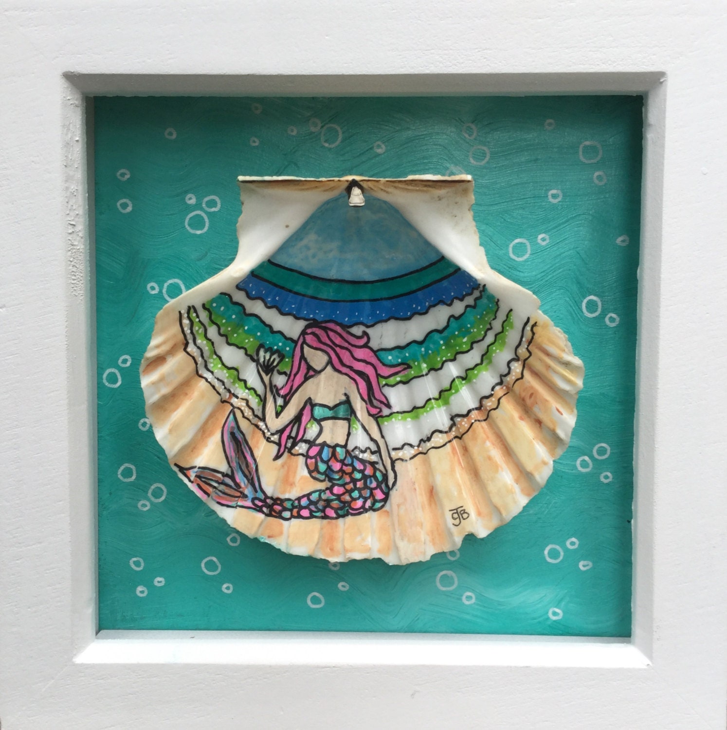 Unique framed Mermaid Cornish scallop shell illustration art