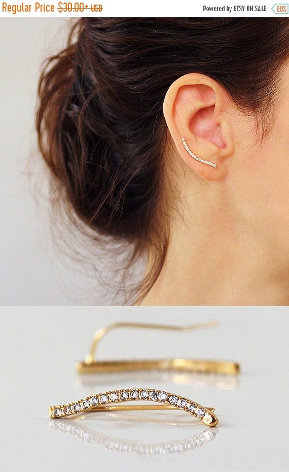Christmas SALE Gold Ear cuff with Cubic Zirconia Gemstone , Ear Climber , Gold Earpin , Wedding