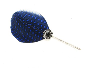 Blue Black Silver Feather Hair Clip Silver Fascinator Headpiece Bobby Pin A28