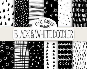Hand Drawn Doodle Digital Paper. Black & White Geometric Doodle Patterns. Monochrome Chevron, Polka Dot Background. Minimalist Digital Paper