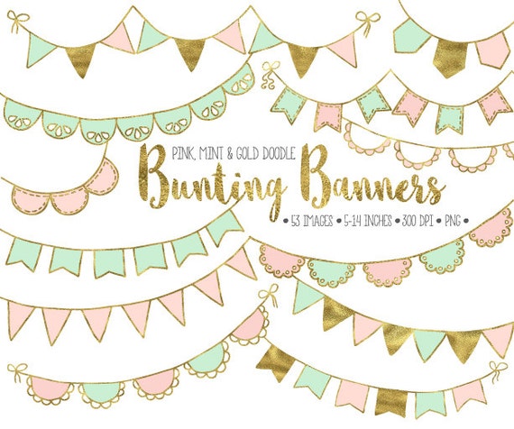 Gold Bunting Banner Clip Art. Mint & Pink Bunting Clipart. Gold Glitter ...